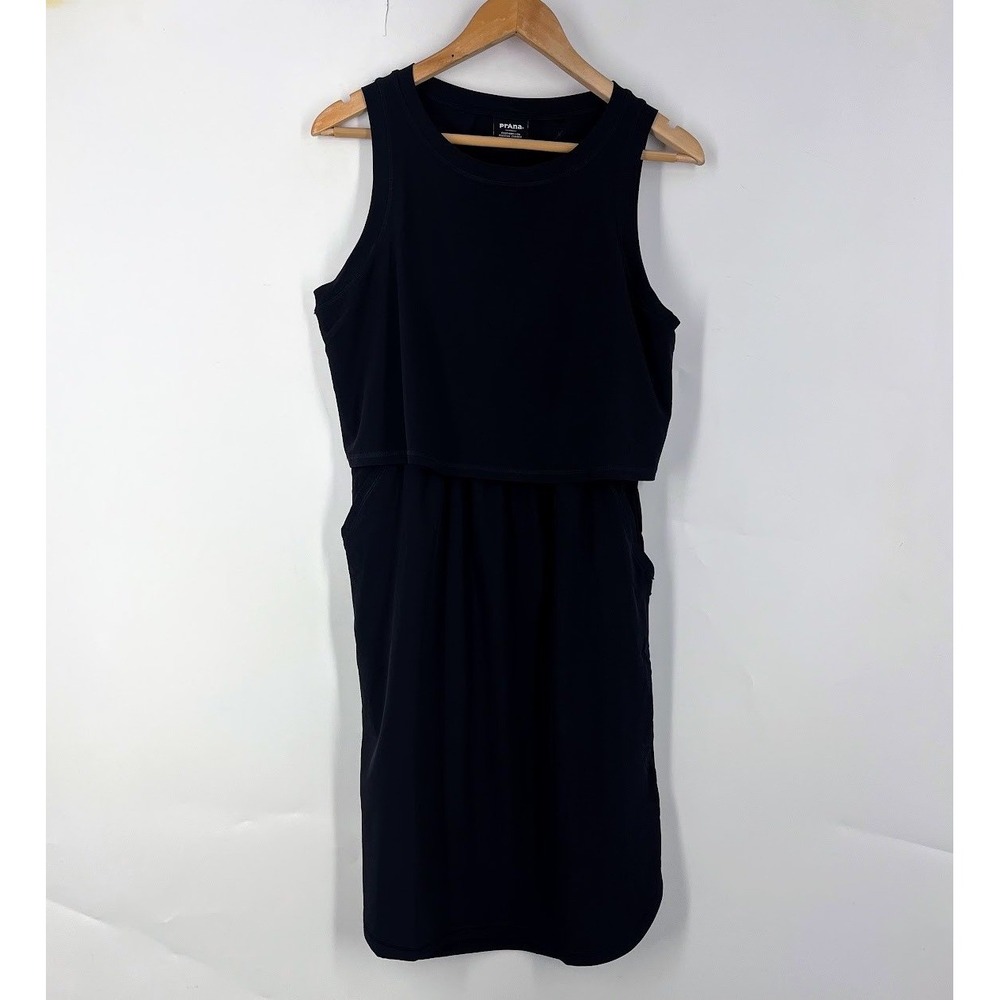 Prana Womens Black Sleeveless Active Tank Dress Two Layer Pockets Size M